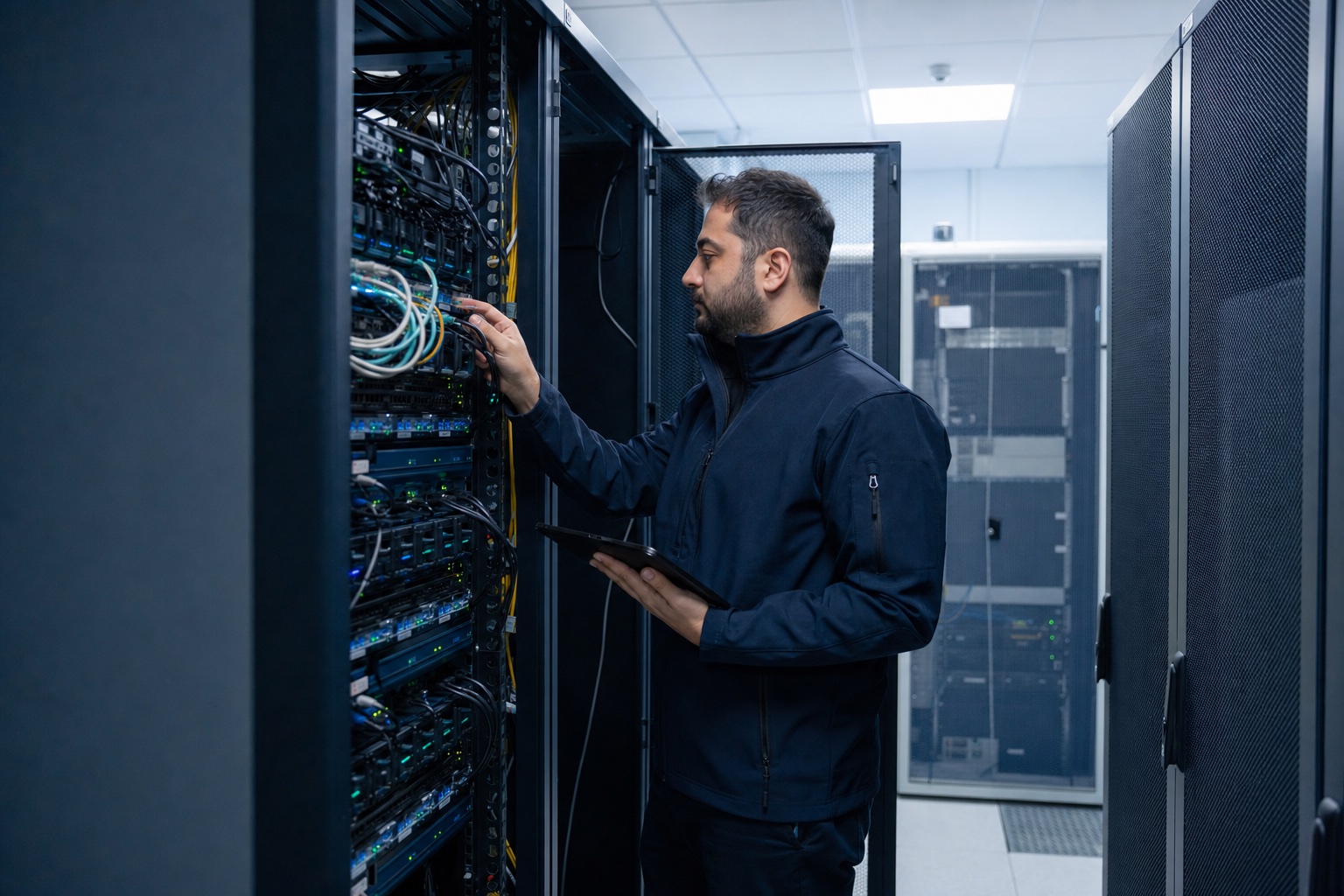 Bir teknik uzman sunucu odasında ağ bağlantılarını kontrol ediyor.